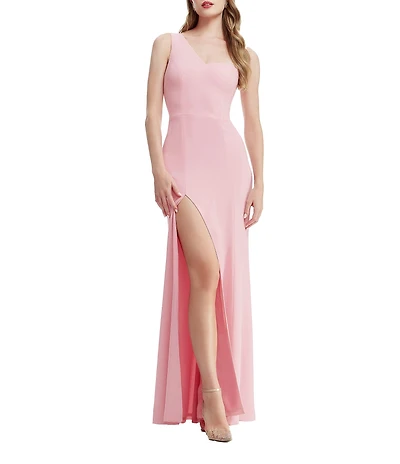 Dress the Population Magdalynn Asymmetrical Neck One Shoulder Front Slit Crepe Sheath Gown