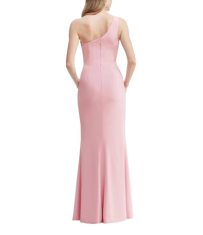 Dress the Population Magdalynn Asymmetrical Neck One Shoulder Front Slit Crepe Sheath Gown