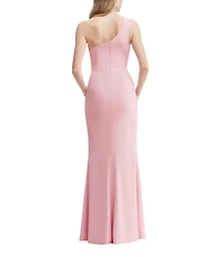 Dress the Population Magdalynn Asymmetrical Neck One Shoulder Front Slit Crepe Sheath Gown