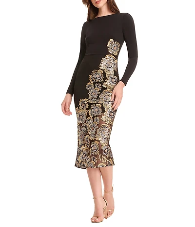 Dress the Population Mara Long Sleeve Sequin Bodycon Midi Dress