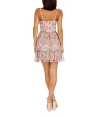 Dress the Population Marlow Sweetheart Neck Floral Print Shimmer Chiffon Fit & Flare Mini Dress