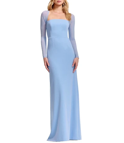 Dress the Population Maxwell Square Neck Mesh Long Sleeve Column Gown