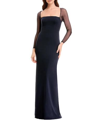 Dress the Population Maxwell Square Neck Mesh Long Sleeve Column Gown
