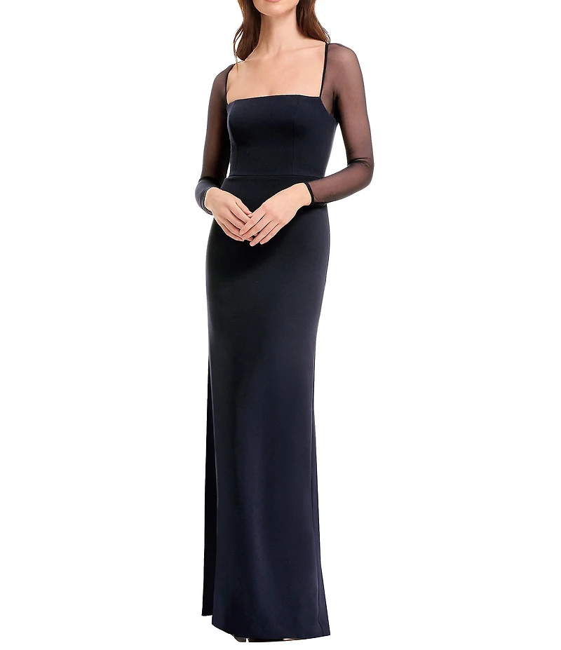 Dress the Population Maxwell Square Neck Mesh Long Sleeve Column Gown