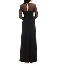 Dress the Population Maxwell Square Neck Mesh Long Sleeve Column Gown