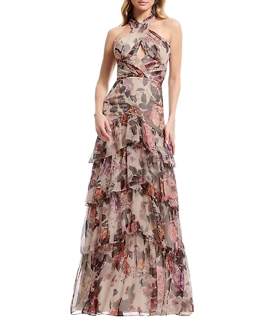 Dress the Population Maya Floral Print Halter Ruffle Tier A-Line Dress
