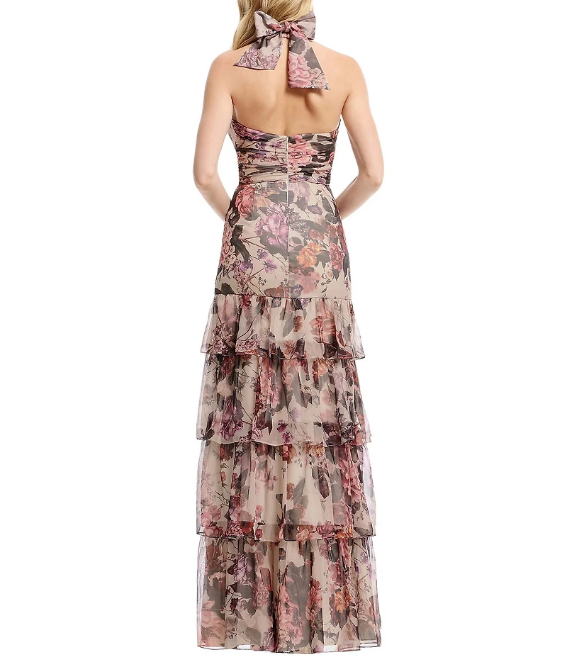 Dress the Population Maya Floral Print Halter Ruffle Tier A-Line Dress