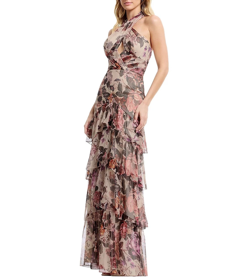 Dress the Population Maya Floral Print Halter Ruffle Tier A-Line Dress