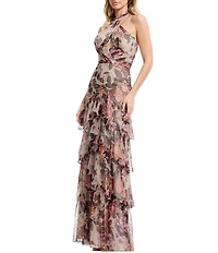 Dress the Population Maya Floral Print Halter Ruffle Tier A-Line Dress