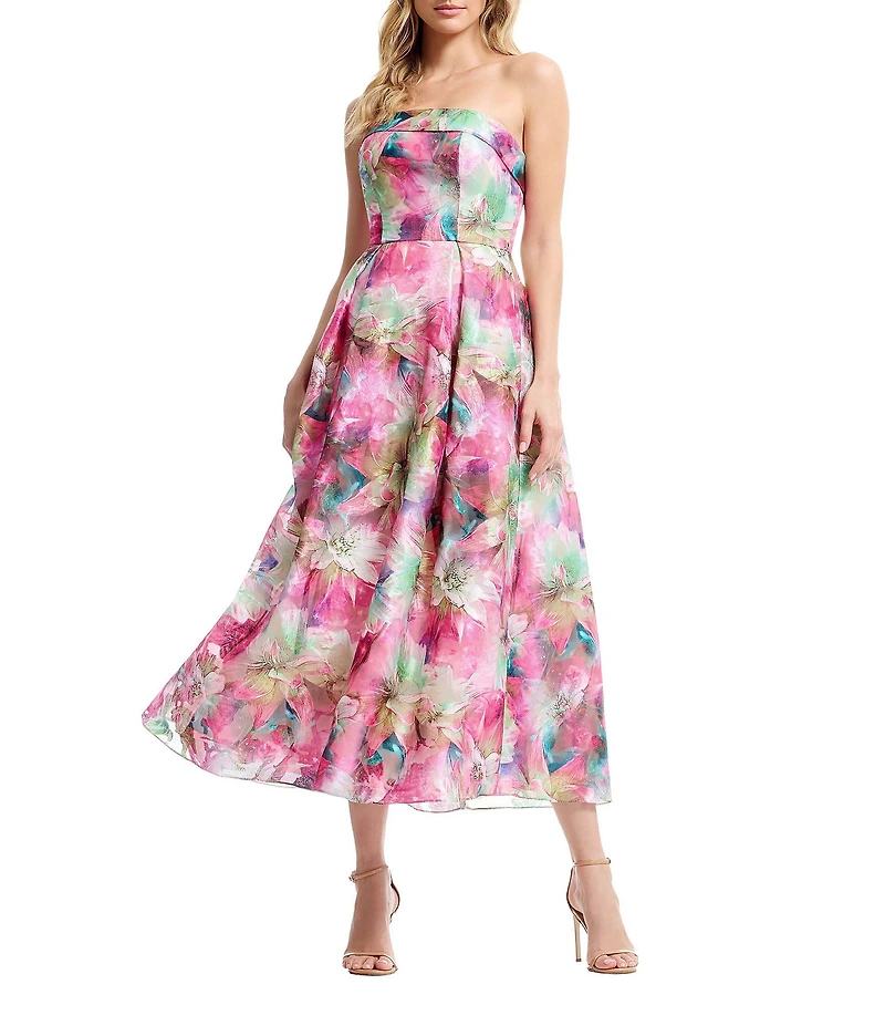 Dress the Population Mika Strapless A line Tea Length Dress With Overlay & Side Seam Pockets