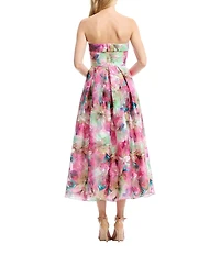 Dress the Population Mika Strapless A line Tea Length Dress With Overlay & Side Seam Pockets