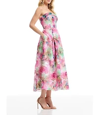 Dress the Population Mika Strapless A line Tea Length Dress With Overlay & Side Seam Pockets