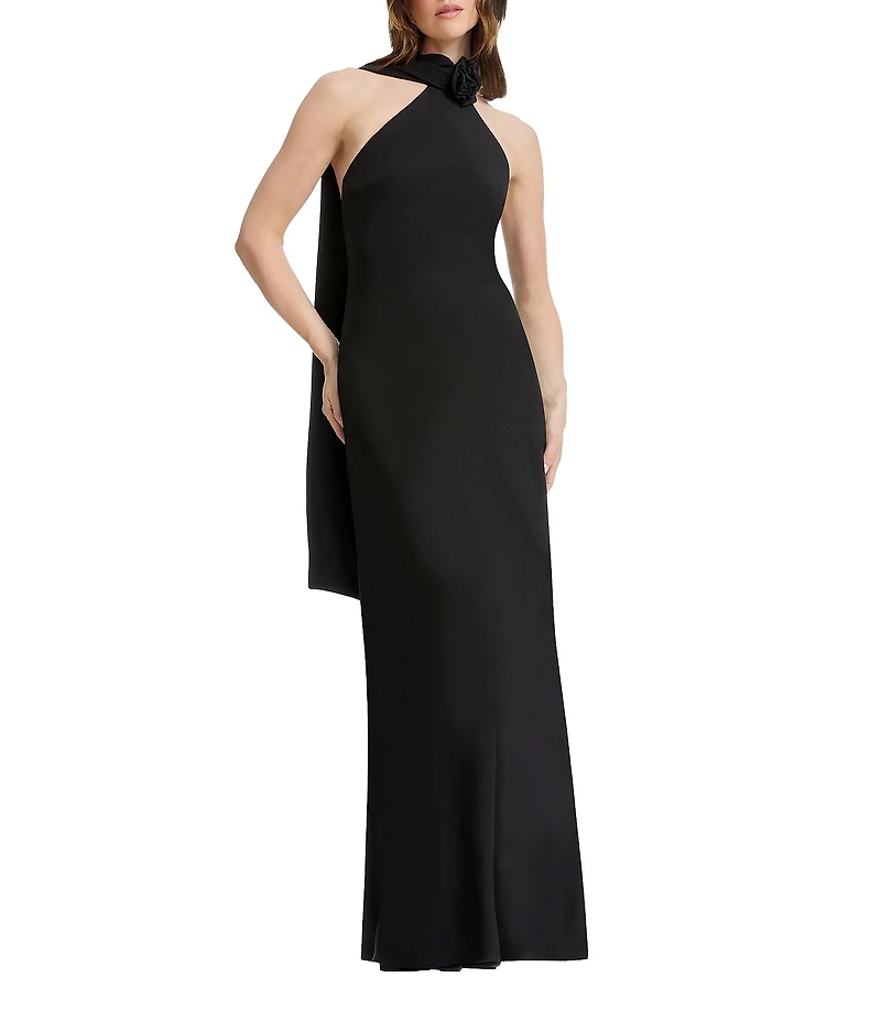 Dress the Population Olivia Halter Mock Neck With Drape And Rosette Sheath Gown