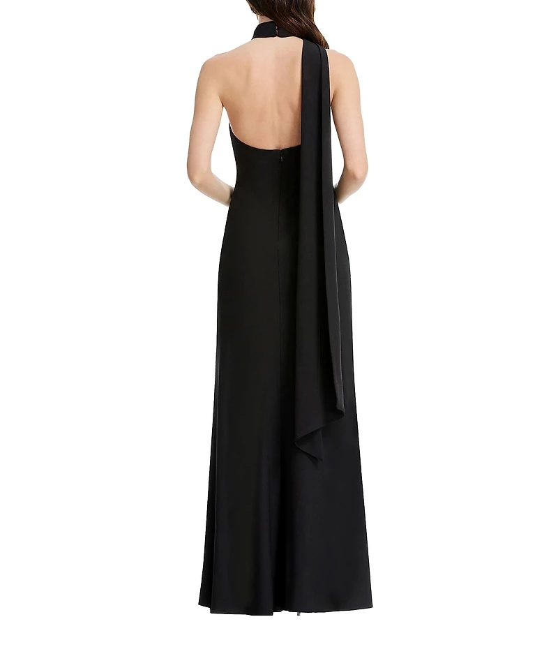 Dress the Population Olivia Halter Mock Neck With Drape And Rosette Sheath Gown