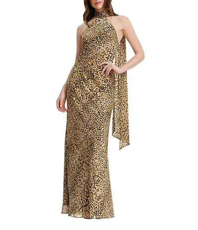 Dress the Population Olivia Metallic Chiffon Halter Animal Print Gown With Extended Neck Drape