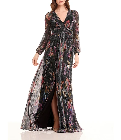 Dress the Population Pauline Metallic Floral Plunge V-Neck Long Sleeve Side Slit Gown