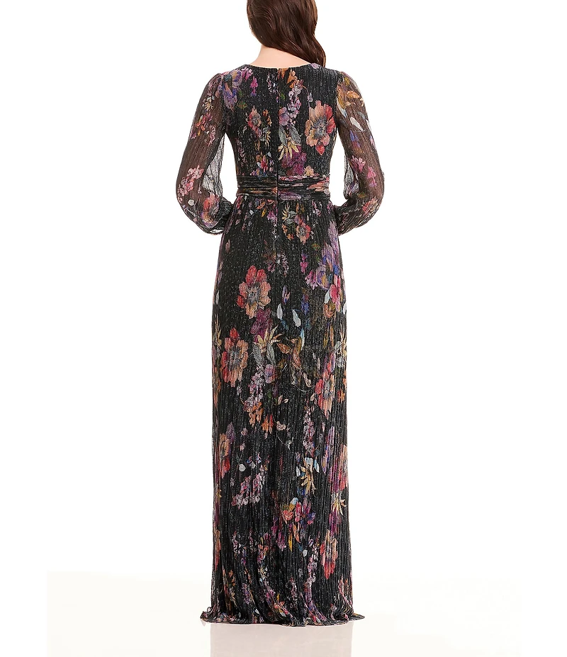 Dress the Population Pauline Metallic Floral Plunge V-Neck Long Sleeve Side Slit Gown