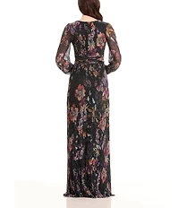 Dress the Population Pauline Metallic Floral Plunge V-Neck Long Sleeve Side Slit Gown