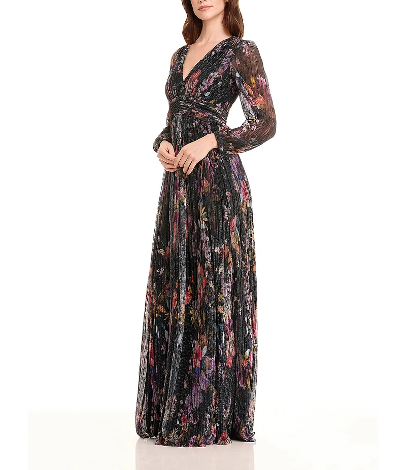 Dress the Population Pauline Metallic Floral Plunge V-Neck Long Sleeve Side Slit Gown