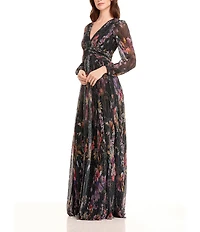 Dress the Population Pauline Metallic Floral Plunge V-Neck Long Sleeve Side Slit Gown