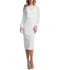 Dress the Population Pilar Log Sleeve Crew Neck Illusion Bodice Fitted Midi Dress