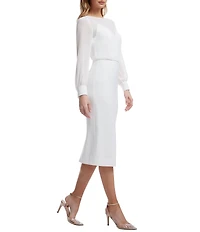Dress the Population Pilar Log Sleeve Crew Neck Illusion Bodice Fitted Midi Dress
