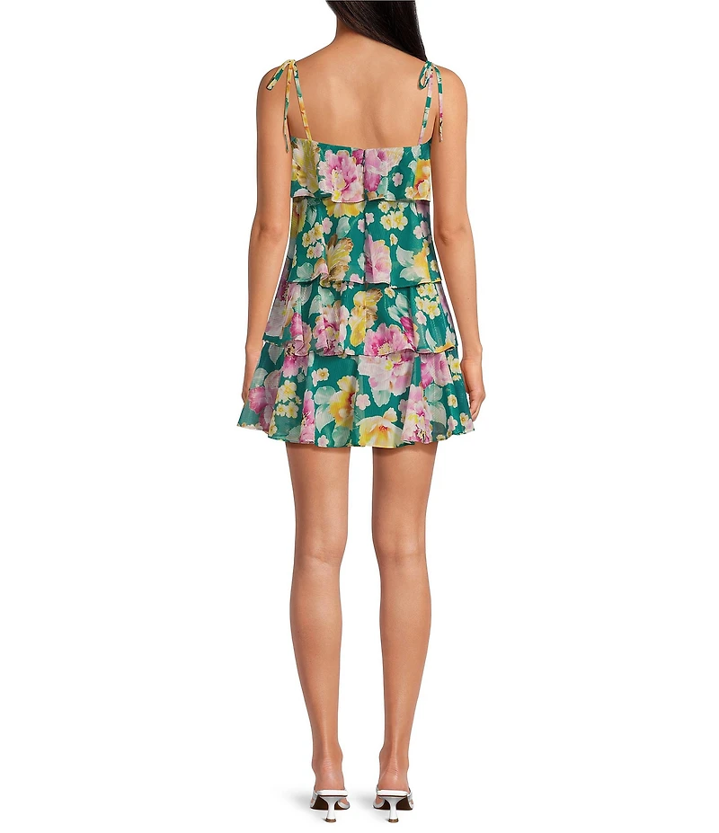 Dress the Population Pixie Metallic Floral Print Square Neck Sleeveless Tiered Ruffle A-Line Mini Dress