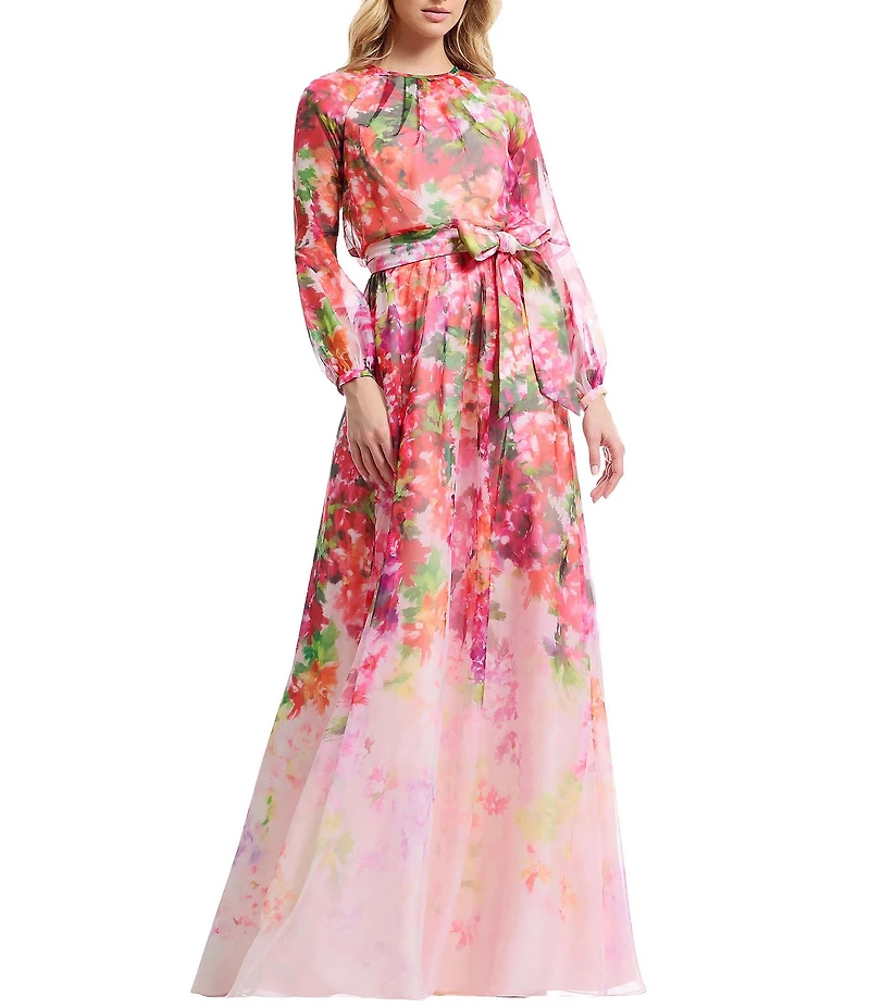 Dress the Population Rainey Floral Long Sleeve A Line Gown With Waist Tie