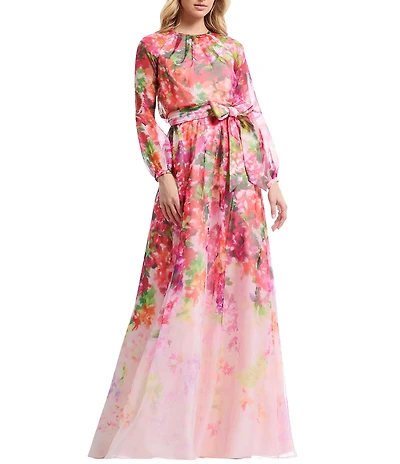 Dress the Population Rainey Floral Long Sleeve A Line Gown With Waist Tie