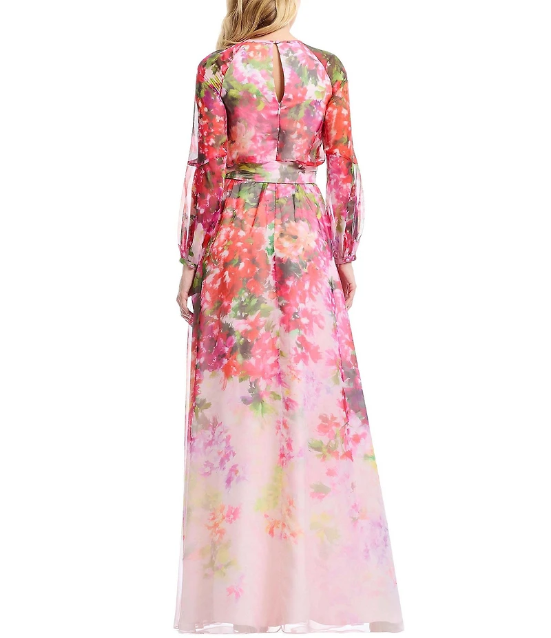 Dress the Population Rainey Floral Long Sleeve A Line Gown With Waist Tie