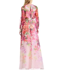 Dress the Population Rainey Floral Long Sleeve A Line Gown With Waist Tie