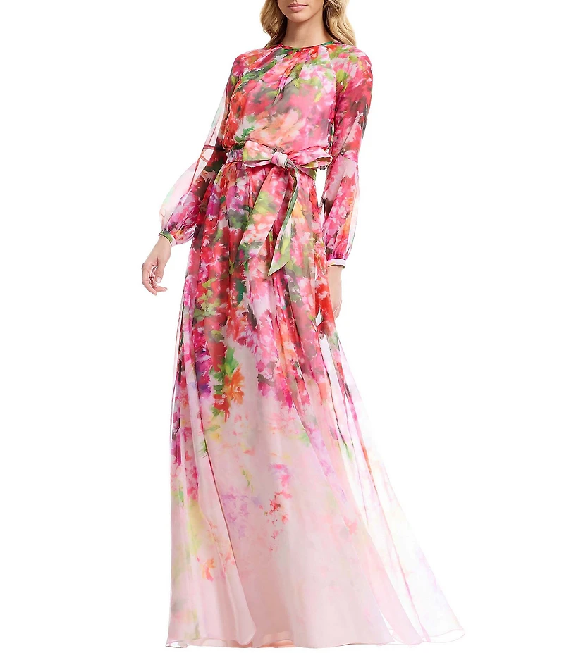 Dress the Population Rainey Floral Long Sleeve A Line Gown With Waist Tie