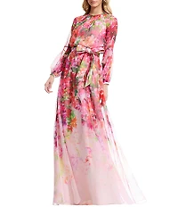 Dress the Population Rainey Floral Long Sleeve A Line Gown With Waist Tie