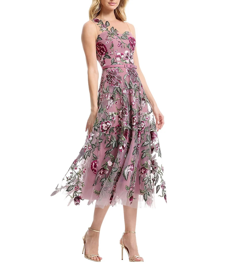 Dress the Population Rosemary Lace Illusion Neck Belted A-Line Dress