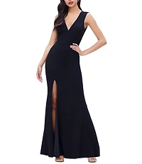 Dress the Population Sandra Crepe Plunge V-Neck Sleeveless Side Slit Gown