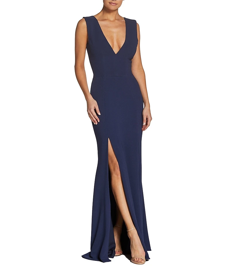 Dress the Population Sandra Crepe Plunge V-Neck Sleeveless Side Slit Gown