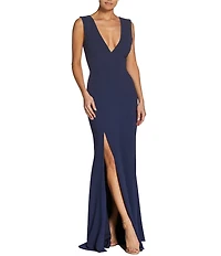 Dress the Population Sandra Crepe Plunge V-Neck Sleeveless Side Slit Gown
