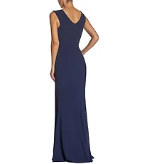 Dress the Population Sandra Crepe Plunge V-Neck Sleeveless Side Slit Gown