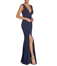 Dress the Population Sandra Crepe Plunge V-Neck Sleeveless Side Slit Gown