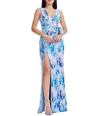 Dress the Population Sandra V-Neck Sleeveless Floral Printed Chiffon Front Slit Sheath Gown