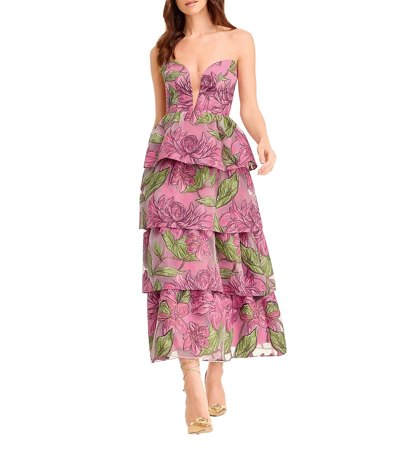 Dress the Population Savannah Jacquard Floral Print Tiered Tea Length Dress