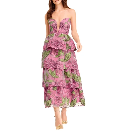 Dress the Population Savannah Jacquard Floral Print Tiered Tea Length Dress