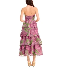 Dress the Population Savannah Jacquard Floral Print Tiered Tea Length Dress