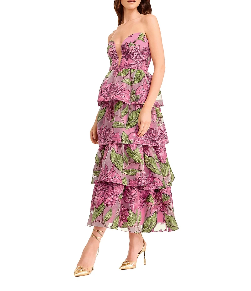 Dress the Population Savannah Jacquard Floral Print Tiered Tea Length Dress