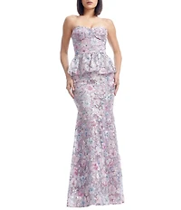 Dress the Population Scarlett Floral Embroidered Lace Strapless Neck Sleeveless Peplum Mermaid Gown