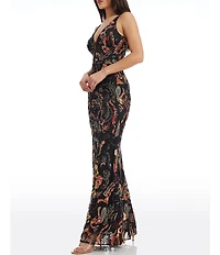 Dress the Population Sharon Abstract Sequin Print V-Neck Sleeveless Mermaid Gown
