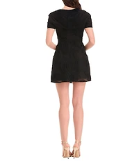 Dress the Population Short Sleeve Tulle Sequin Beaded Neckline A-Line Mini Dress