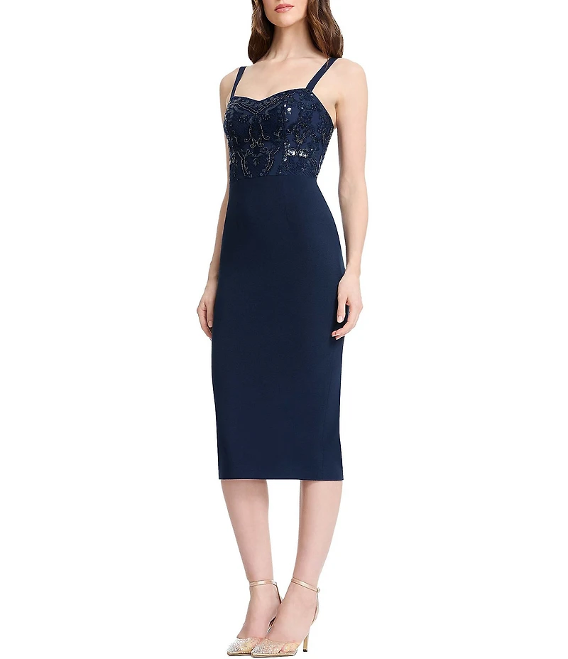 Dress the Population Silvia Crepe Sweethheart Neck Sequin Bodice Sheath Midi Dress