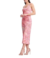 Dress the Population Sleeveless Column Tea Length High Back Slit Dress