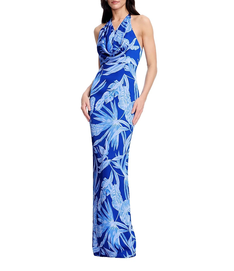 Dress the Population Solana Cowl Halter Floral Print Long Dress
